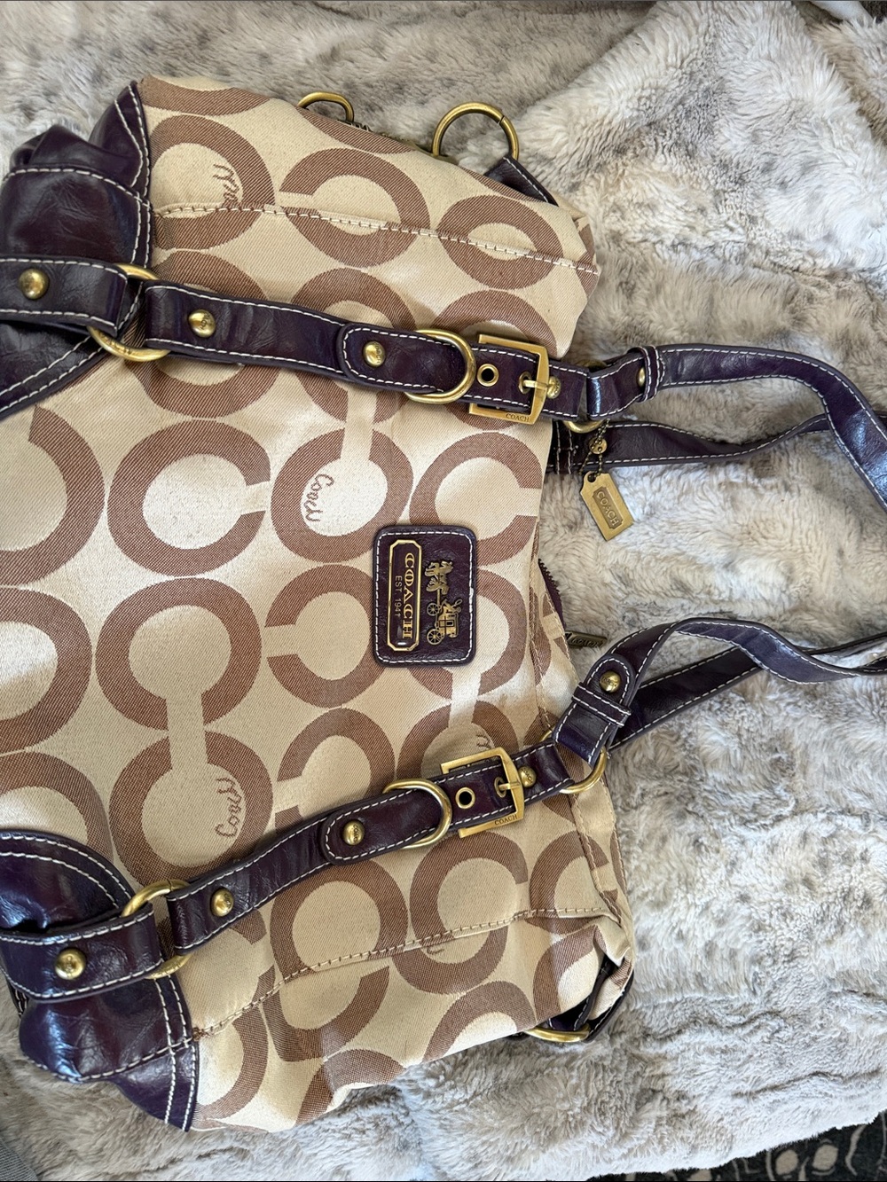 Coach Beige and Brown Signature Canvas Tote with Leather Trim